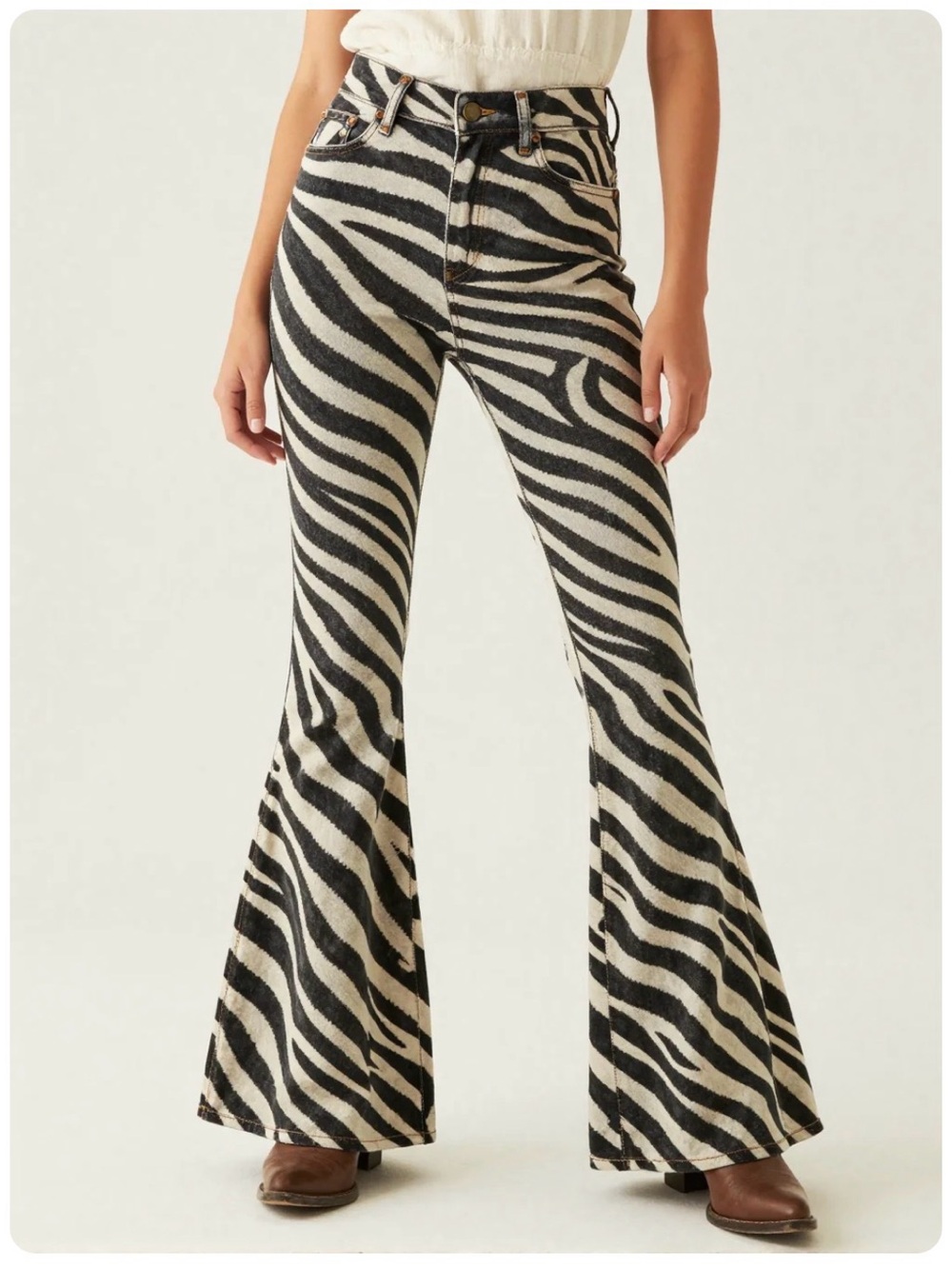 High-Rise Zebra Print Flare Jeans - Black and Cream